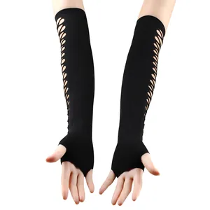 Eleganti guanti lunghi neri senza dita con motivi strappati per feste in stile punk