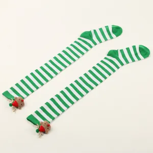 Green and white striped over-the-knee Christmas socks with plush reindeer details