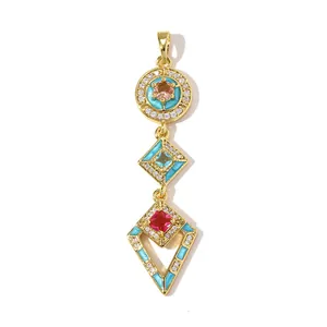 Close-up of geometric pendant with colorful stones and 18k gold plating