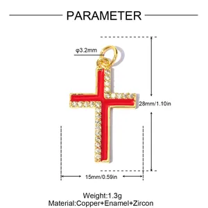 Specifiche dettagliate per il ciondolo a croce in smalto rosso e zircone con dimensioni e peso