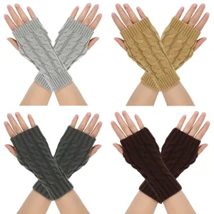 Collection of winter knitted fingerless gloves featuring classic cable twist pattern in four colors