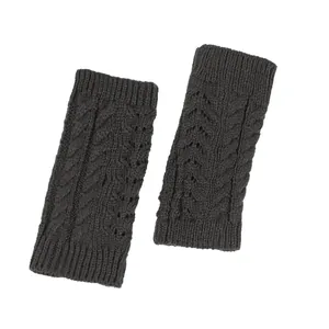 Dark gray cable knit fingerless arm warmers with hollow out design for winter warmth