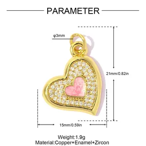Detailed dimensions of the heart-shaped copper pendant with zircon and enamel inlay
