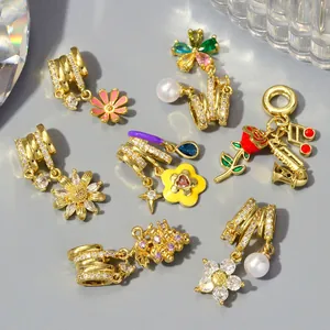 Set of colorful enamel and zircon flower charms for DIY jewelry and necklaces