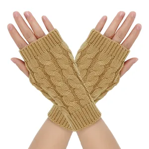 Detailed view of high-quality warm cable-knit fingerless gloves in khaki color for winter.