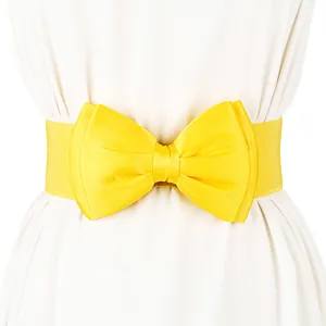 Bright yellow elastic waist belt featuring a large decorative chiffon bow for dresses