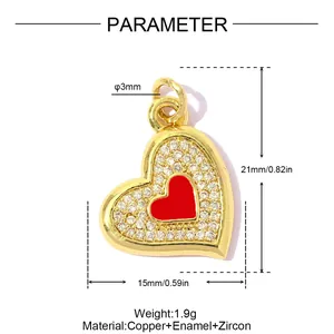 Detailed size and material parameter diagram of a gold heart pendant with red enamel.