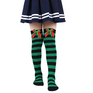 Girls' Christmas over-the-knee striped socks with green and red double layer bow
