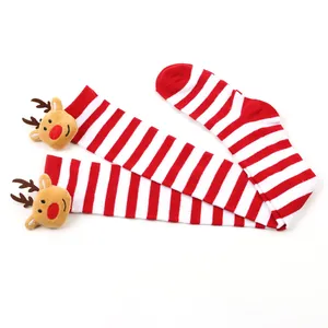 Red and white striped Christmas over-the-knee socks with 3D plush reindeer decoration