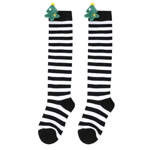 Cute children's black and white striped over-the-knee Christmas tree plush socks