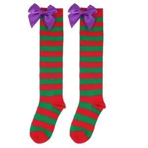 Girls' red and green striped knee-high socks with purple satin bows for Halloween costume