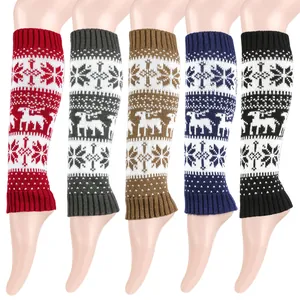 Christmas knitted leg warmers with snowflake and reindeer patterns in multiple colors