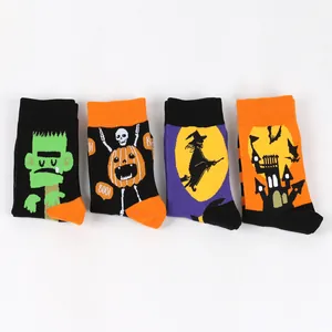 Four pack of Halloween plus size men's cotton socks featuring pumpkin and witch designs