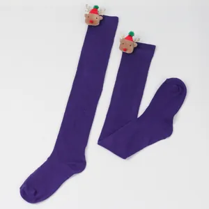 Purple Christmas over-the-knee socks featuring cute plush reindeer heads on the top cuffs