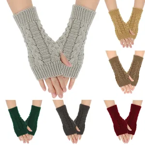 Detailed view of knitted fingerless winter gloves in six different color options