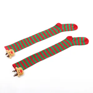 Detail view of Christmas over-the-knee socks with red-green stripes and reindeer heads.