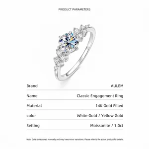 Detail view of moissanite engagement ring with 14K gold filled product parameters