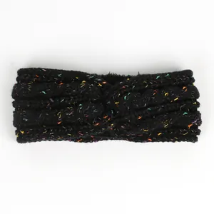 Vue détaillée du bandeau en tricot noir avec des touches colorées et doublure polaire
