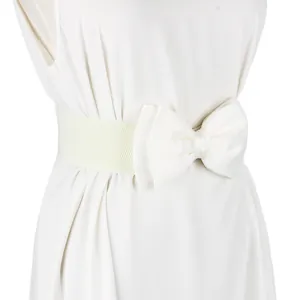 Close-up of a plus size cream elastic waist belt featuring an elegant large satin bow