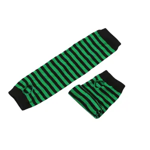 Detailed view of green and black striped fingerless arm warmers for Halloween cosplay party