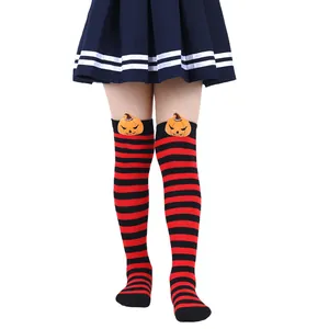 Halloween children's over-the-knee socks with 3D plush pumpkins and red black stripes