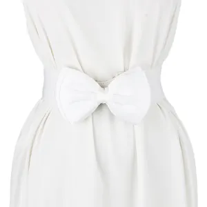 Close-up of a white elastic waist belt featuring a large chiffon bow-knot detail.