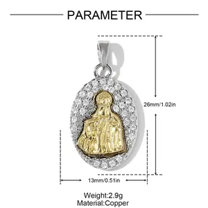 Detalle de dimensiones del colgante religioso Virgen María chapado en oro con circones