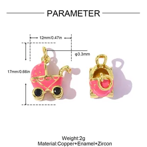 Detailed view of pink enamel baby stroller charm with dimensions and material specs
