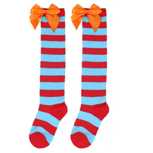 Girls red and blue striped knee-high socks decorated with large orange satin bows