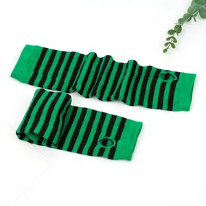 Detail view of green and black striped fingerless arm warmers for cosplay and holiday parties
