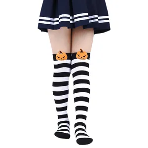 Halloween over-the-knee striped socks for kids with cute plush pumpkin demon decor