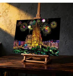 Detailed macro view of Sagrada Familia city scenery scratch art on a wooden easel