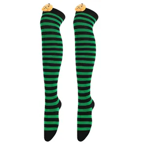 Halloween pumpkin devil striped over-the-knee socks with festive green and black pattern detail.