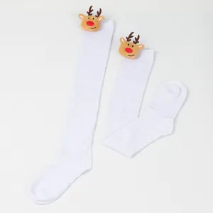 Festive white over-the-knee socks featuring cute plush reindeer heads for Christmas party