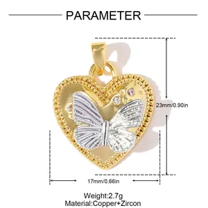 Vista detallada de colgante de corazón con mariposa, material y medidas indicadas