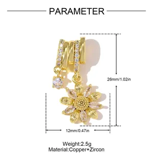 Detailed product dimensions of a gold plated copper daisy pendant with zircon stones