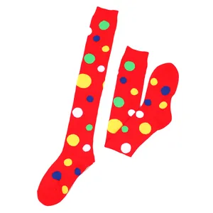 Vibrant red over-the-knee socks with colorful polka dot patterns for cosplay events.