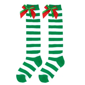 Kids Christmas over-the-knee striped socks with festive red and green layered bows
