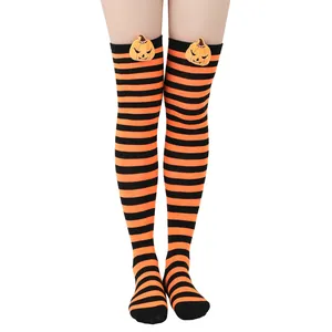 Halloween pumpkin doll over-the-knee socks with orange and black horizontal stripes for party