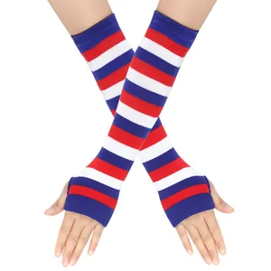 Red white and blue striped long fingerless arm warmers for holiday cosplay parties.