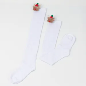 White over-the-knee socks featuring cute plush reindeer Christmas decorations.