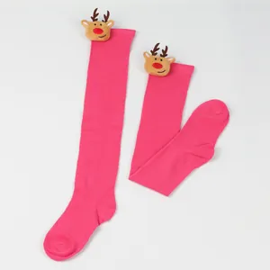 Pink over-the-knee Christmas stockings with cute 3D reindeer plush decor for party