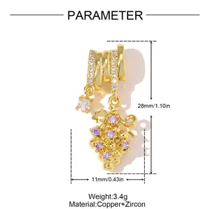 Macro view of gold-plated grape pendant with purple zircons and measurement details