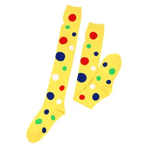 Bright yellow over-the-knee socks with colorful polka dots for cosplay and festivals