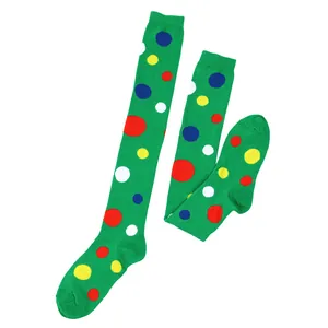Green over-the-knee socks featuring a vibrant multi-colored polka dot pattern for cosplay