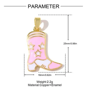 Especificación técnica detallada que muestra las dimensiones del colgante bota de esmalte rosa