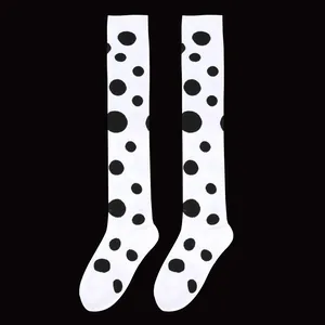 Close-up of the knit texture and black polka dot pattern on white over-the-knee socks
