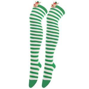 Festive Christmas green and white striped over-the-knee socks with reindeer plush charm