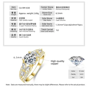 Infographie d'une bague en moissanite de 1 carat avec placage en or et spécifications.