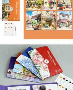 DIY watercolor coloring book set with 12 solid pigments and water brush for adults